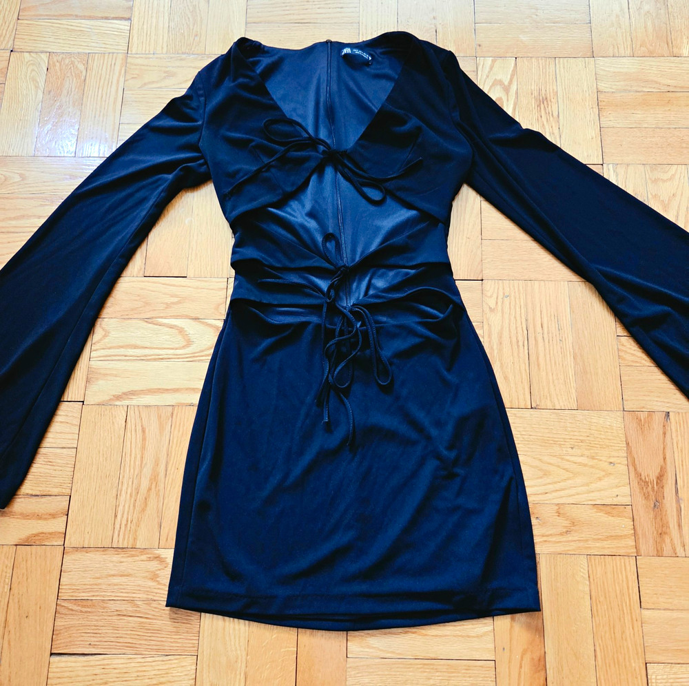 Zara Sz S Black Tie Front V-Neck Mini Dress Long Bell Sleeve LBD